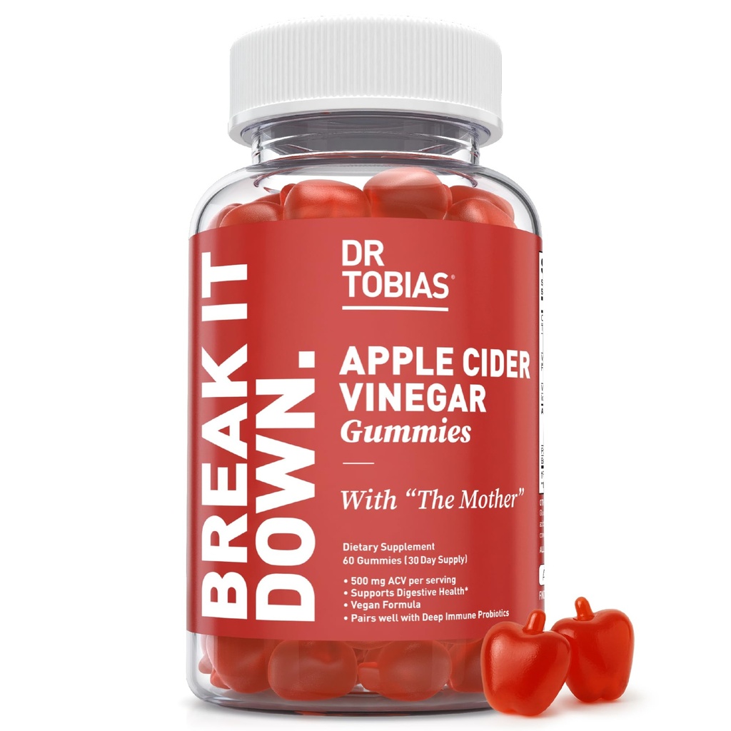Dr. Tobias Manzana Vinagre Gummies con la Madre, 500 mg ACV por Serving, Plus Folate, B6, B12 &amp; Iodine, apoya la salud digestiva, Gut Cleanse & Detox, Vegan, 60 Gummies