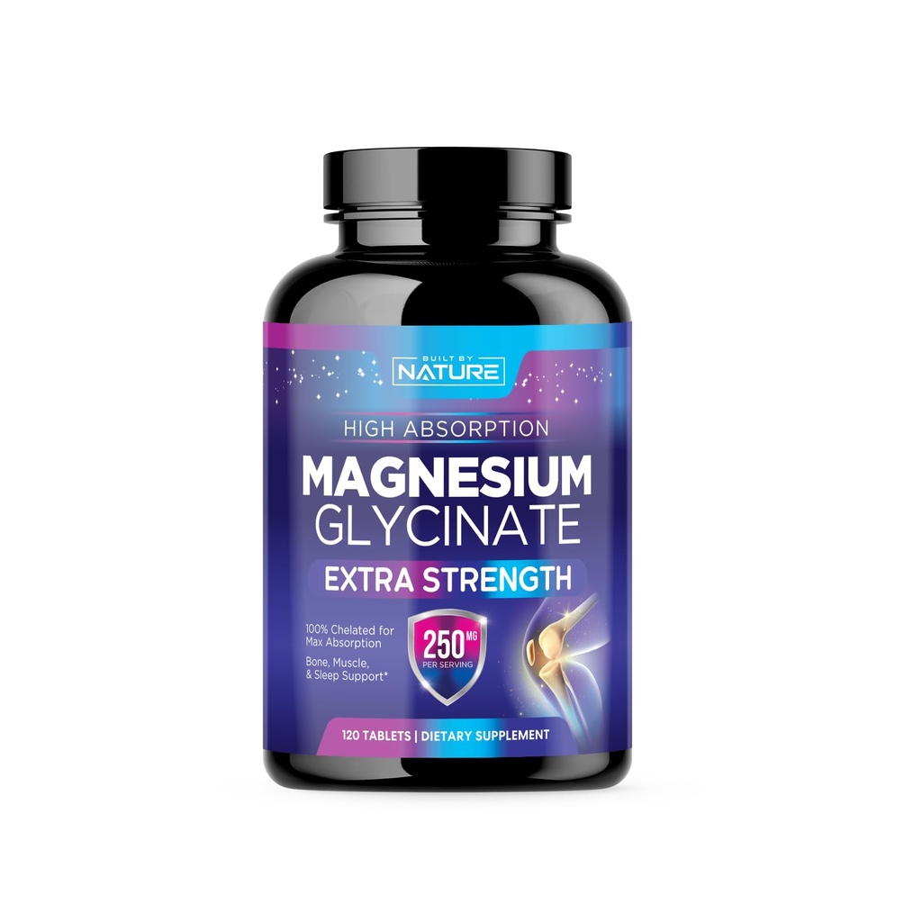 Magnesio Glycinate 250mg - High Absorption Chelated Magnesium Supplement - 100% Puro Magnesium Glycinate - Stress, Sleep, Heart, and Muscle Health Support - Non-GMO, Vegan, Gluten-Free (120 Tablets)