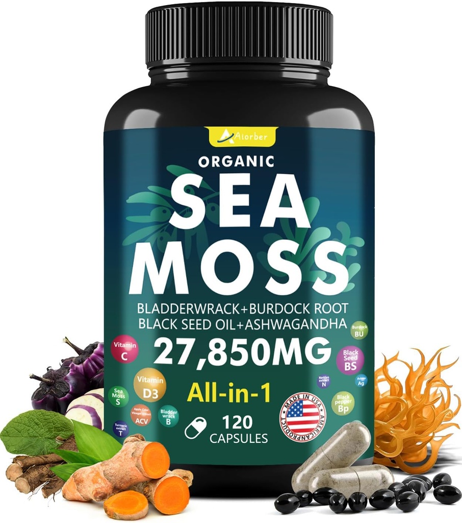 Irlandés Moss Capsules 120 Conde - Advanced Sea Moss Pills with Black Seed Oil, Ashwagandha, Ginger, Bladderwrack, Elderberry, Vitamin C & D3 - Superfood, Wild Seamoss Tablets,Seamoss Pills