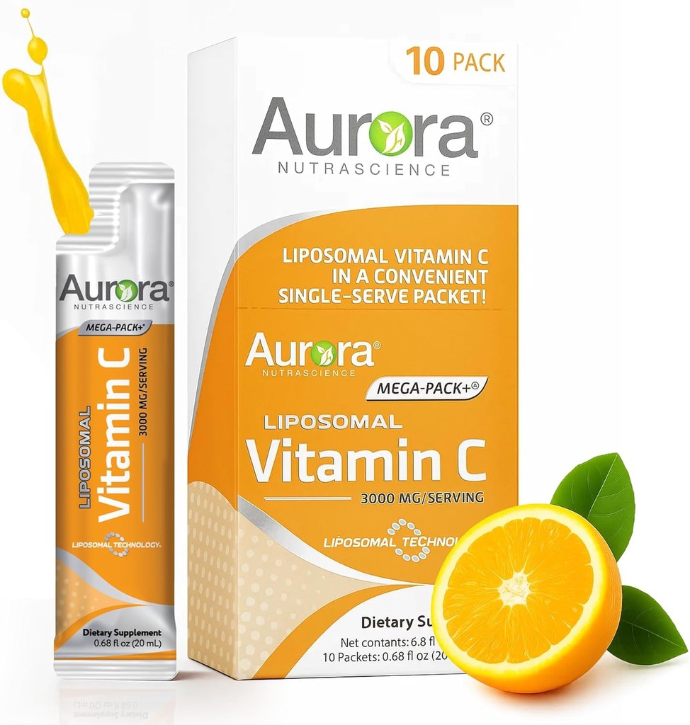 Aurora Nutraciencia Mega-Pack Liposomal Vitamina C, Immune Support, 3000 mg Por Serving, Vegan, Gluten Gratis, No GMO, 10 Single Serve Packets, Orange
