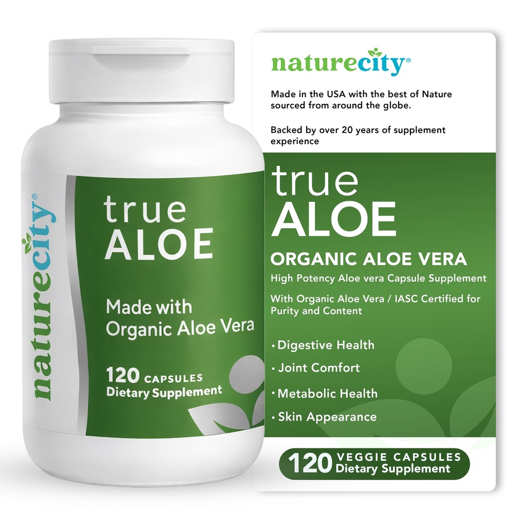 NatureCity TrueAloe Organic Aloe Vera Capsules - Supports Digestive Balance, Joints and Stomach Comfort - Plant-Based Aloe Barbadensis Powder - Easy-to-Swallow Single Ingredient Formula - 120 Caps