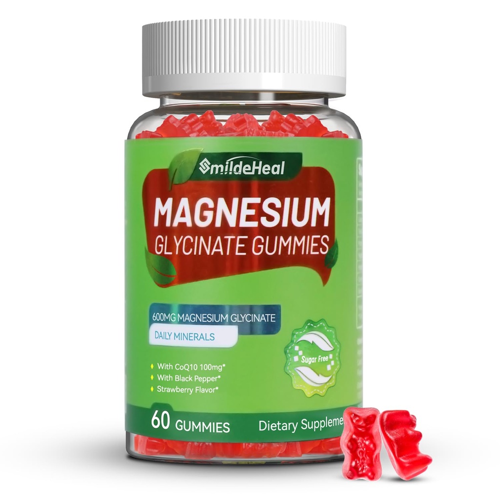 Magnesium Glycinate Gummies 600mg para Hombres Mujer, con Magnesium L-Threonate 300mg, CoQ10 y Black Pepper, Vegan (60 Conde)