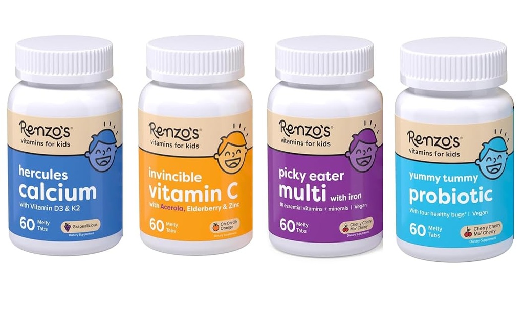 Renzo's Vitamins Kid Essential Bundle - Probiotic, Vitamin C with Elderberry & Zinc for Immune Support, Picky Eater Kids Multivitamin, and Hercules Calcium