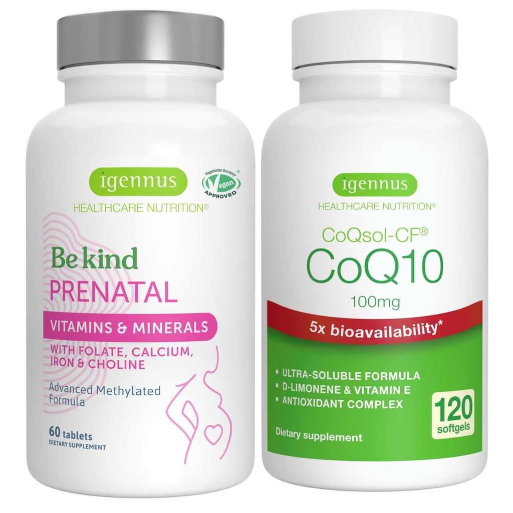 Advanced Prenatal Multivitamin + alta absorción CoQ10 100mg 120 Softgels Pregnancy Support Bundle by Igennus