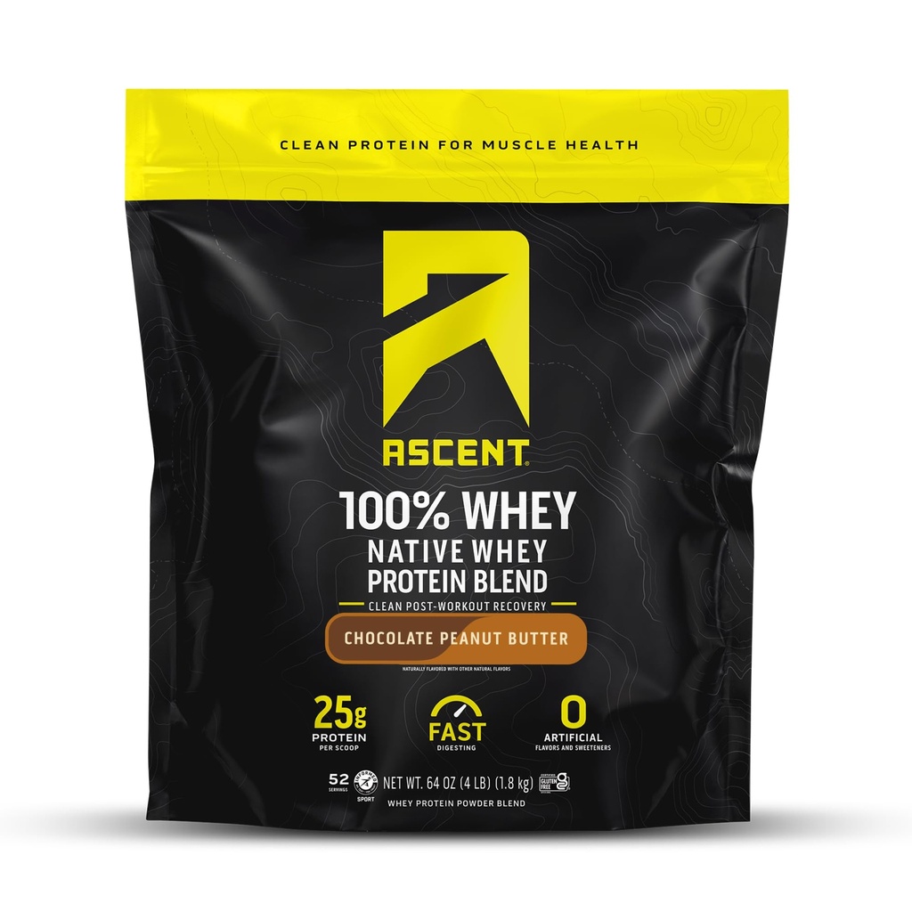 Ascent 100% Whey Protein Powder - Post Workout Whey Protein Isolate, Zero Artificial Flavors &amp; Sweeteners, Gluten Free, 5.5g BCAA, 2.6g Leucine, Essential Amino Acids, Chocolate Peanut Butter 4 lb