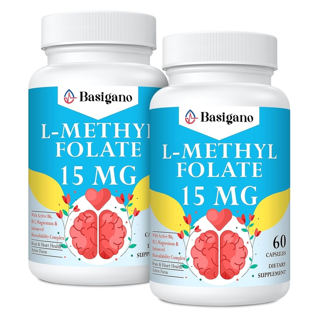 15mg L Methylfolate (5-MTHF)- ácido fólico activo Enriquecido con vitaminas B6 y B12-60 cápsulas vegetarianas - no GMO, libre de gluten