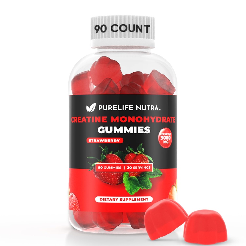 Cretina Monohydrate Gummies - 3g Serving, Sugar Free, 90 Conde, Non-GMO, Diseñado para Hombres &amp; Mujeres, Gluten Gratis, No Bloating - Vegan, Halal, Kosher. (90 Unidades, Fresa)