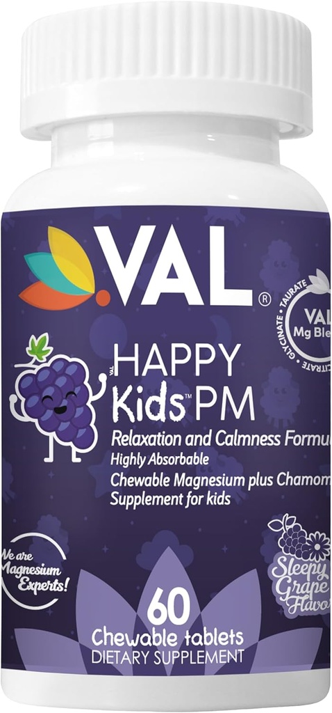 VAL Los niños PM Magnesium Gummies ← Tablas de Azucar sin azúcar con manzanilla, Magnesium Glycinate + Citrate + Taurate TEN Vitamin B6 & C TEN Natural Grape Flavor ANTE Sleep & Calm Support TEN 60 Ct Silencio Edades 4+