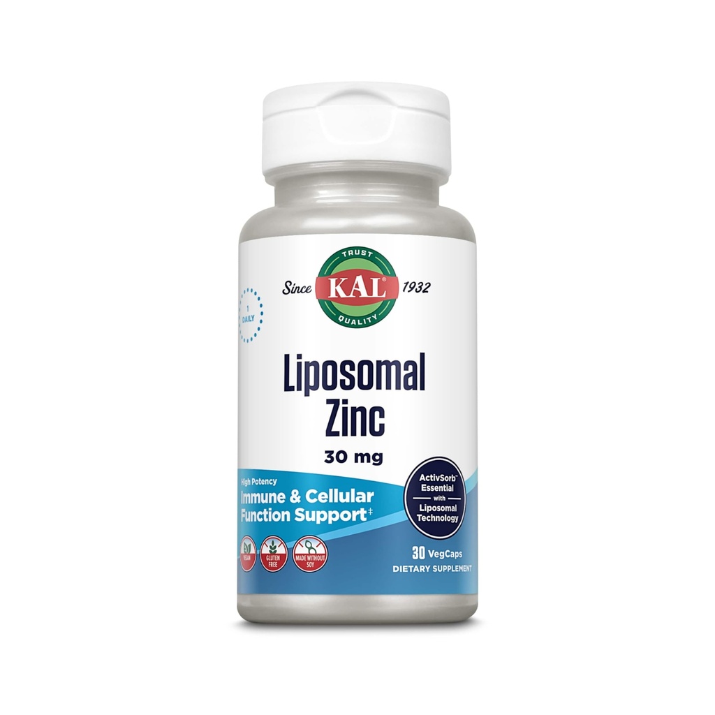 KAL Liposomal Zinc 30mg, Función Celular y Apoyo Inmunitario Suplemento, Ausorción Mejorada Zinc Suplementos, Vegan, Gluten Gratis, Soy Gratis, 30 Servimientos, 30 VegCaps