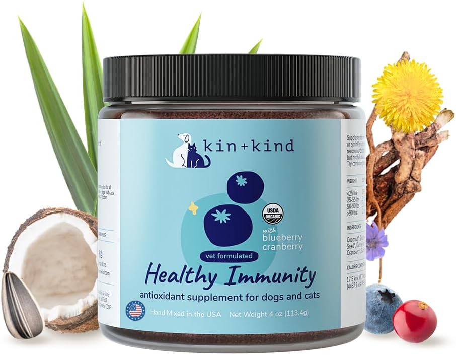 kin+kind Perro suplemento Polvo - Suplemento para perros & gatos para la inmunidad saludable - Soporte de la vejiga - Fórmula natural con arándano orgánico, arándano y coco - Hecho en EE.UU. - 4 oz (Medio)