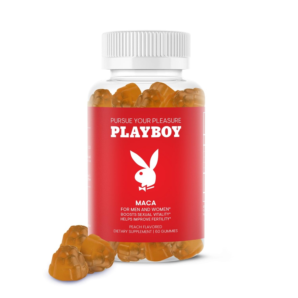 Playboy - Maca Root Gummies for Women and Men (60 Count - Peach Flavored) - Boost Sexual Vitality, Libido, Fertilidad - Maca Gummies Suplemento - 100% Natural, Vegan Non GMO - 4:1 Extracto Maca Peruana