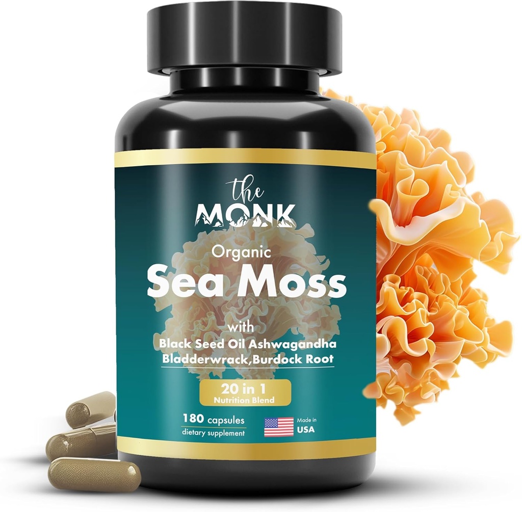 [BRSRAZIDB4FAADT3] Organic Irish Sea Moss Capsules - Avance Fórmula, Raw Wildcrafted Seamoss Suplemento con Bladderwrack y Burdock Root - 180 Pills - Made in The USA