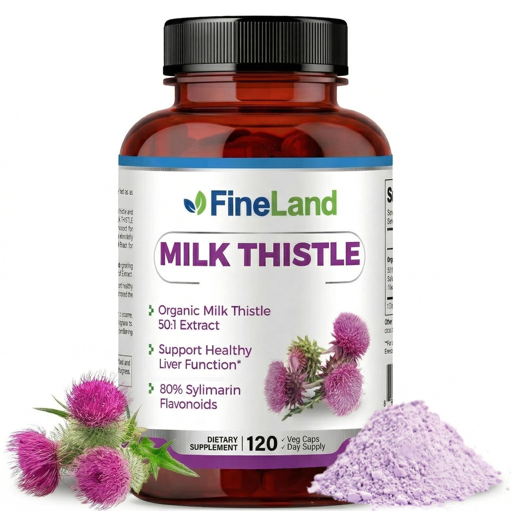 FineLand Milk Thistle Pills 50:1 Extract – 120 Vegan Capsules - 20,000 mg Strenght with 80% Silymarin Flavonoids – Liver & Antioxidant Support ← 50X Concentrated Seed Extract - Non-GMO, Made in USA