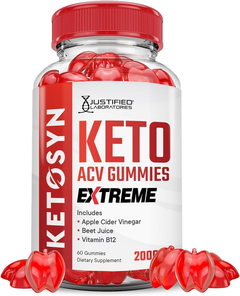 Laboratorios justificados Ketosyn Keto ACV Gummies Extreme 2000MG Ketosyn Keto Gummies Apple Sider Vinegar Fórmulada con Pomegranate Beet Juice Powder B12 Vegan No GMO 60 Gummys
