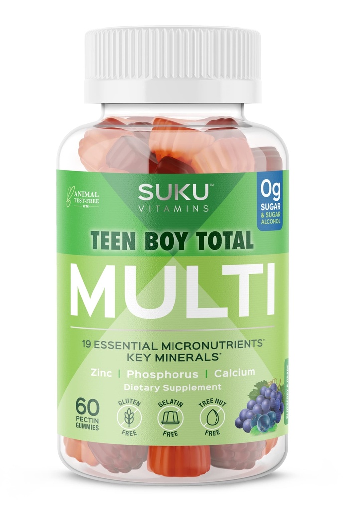 SUKU Chico Adolescente Gummies multivitamínico – Vitaminas A, B12, C, D3, E, Zinc " Biotin – Suplemento Vegetariano Libre de Azúcar para la Energía, el Crecimiento, Immune " Bone Health – Grape Flavor – 60 Con