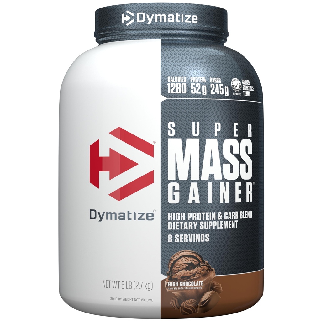 Dymatize Super Mass Gainer Protein Powder, Rich Chocolate, 52g Protein, 1g Creatine, 1280 Calories, 10.7g BCAAs, 245g Carbs, Contiene Whey Protein Powder, Isolate, y Casein (8 Servings)