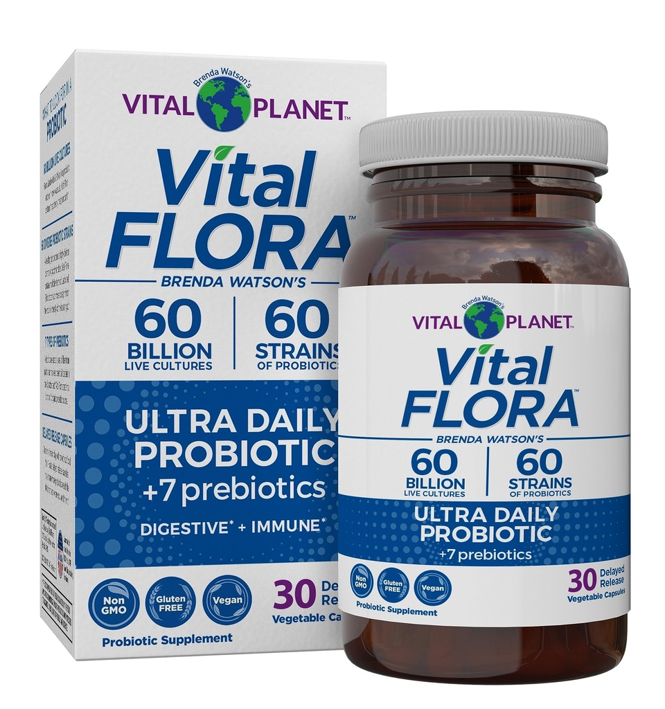 Planeta Vital - Vital Flora Ultra Daily Probiotic 60 Billones CFU, Strains Diversos, Prebióticos Orgánicos, Apoyo Inmunitario, Alivio de Bloating, Probióticos de Salud Digestiva para Mujeres y Hombres 30 cápsulas