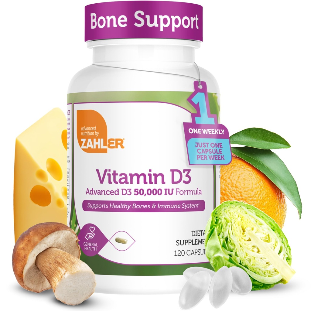 Zahler - Vitamina Avanzada D3 50000 cápsulas UI (120 Conde) Kosher Végetariana Amistosa Vitamina D para Apoyo Inmunitario, Hueso, Dientes &amp; Salud Musculo - Semanal D3 Vitamina Suplemento- Fácil Trágica Vitamina D3.