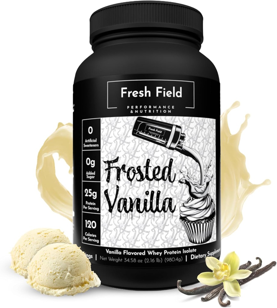 Powder de vainilla de campo fresco - 25g Whey Protein Isolate, libre de gluten &amp; libre de soja, libre de azúcar, 30 servidas - Powder de proteínas naturales para el ejercicio Fitness &amp; Nutrición Shakes - 2.16 lb