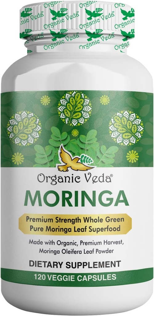 Orgánica Veda Moringa Leaf Capsules 1000mg, 120 Conde - Pura Moringa Pura Moringa Oleifera Hoja entera Suplemento Verde Superalimentación - Boost Energy, Health, Wellbeing & Antioxidants Rico