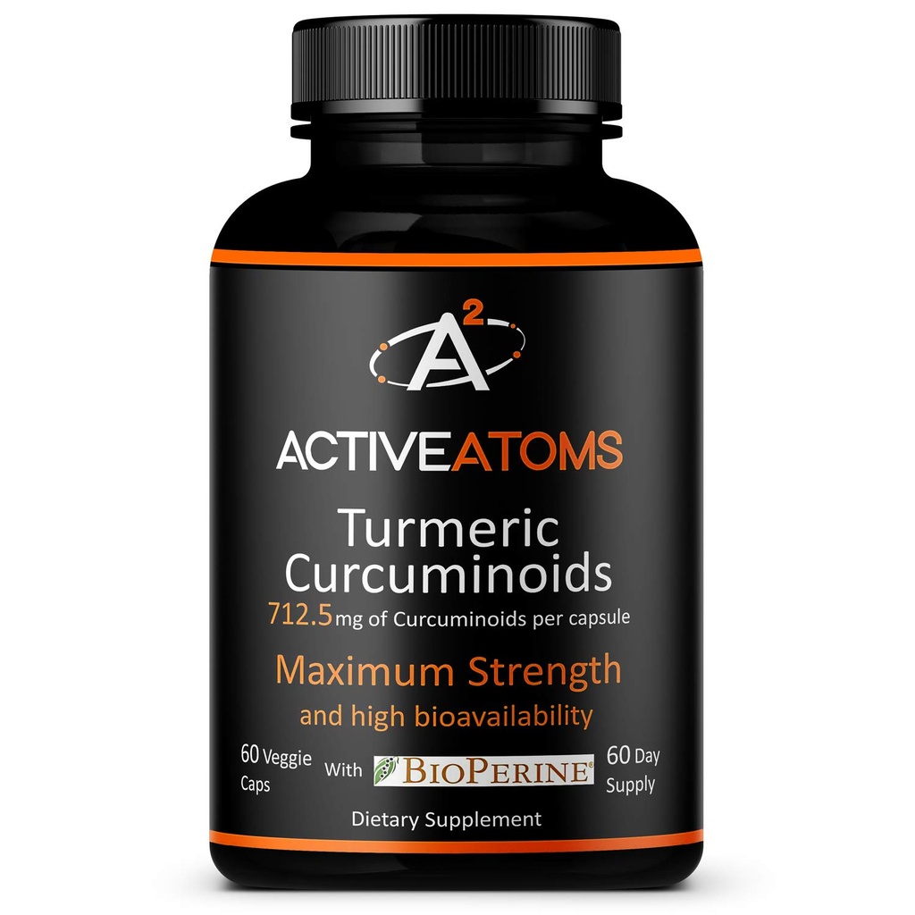 Átomos activos Extracto Turmérico, Fuerza Extra con BioPerine® Black Pepper 750 mg Extracto Turmérico por cápsula de una 00", Normalizado 95% Curcuminoides, No GMO, 60 Veggie Capsules 60 Day Supply