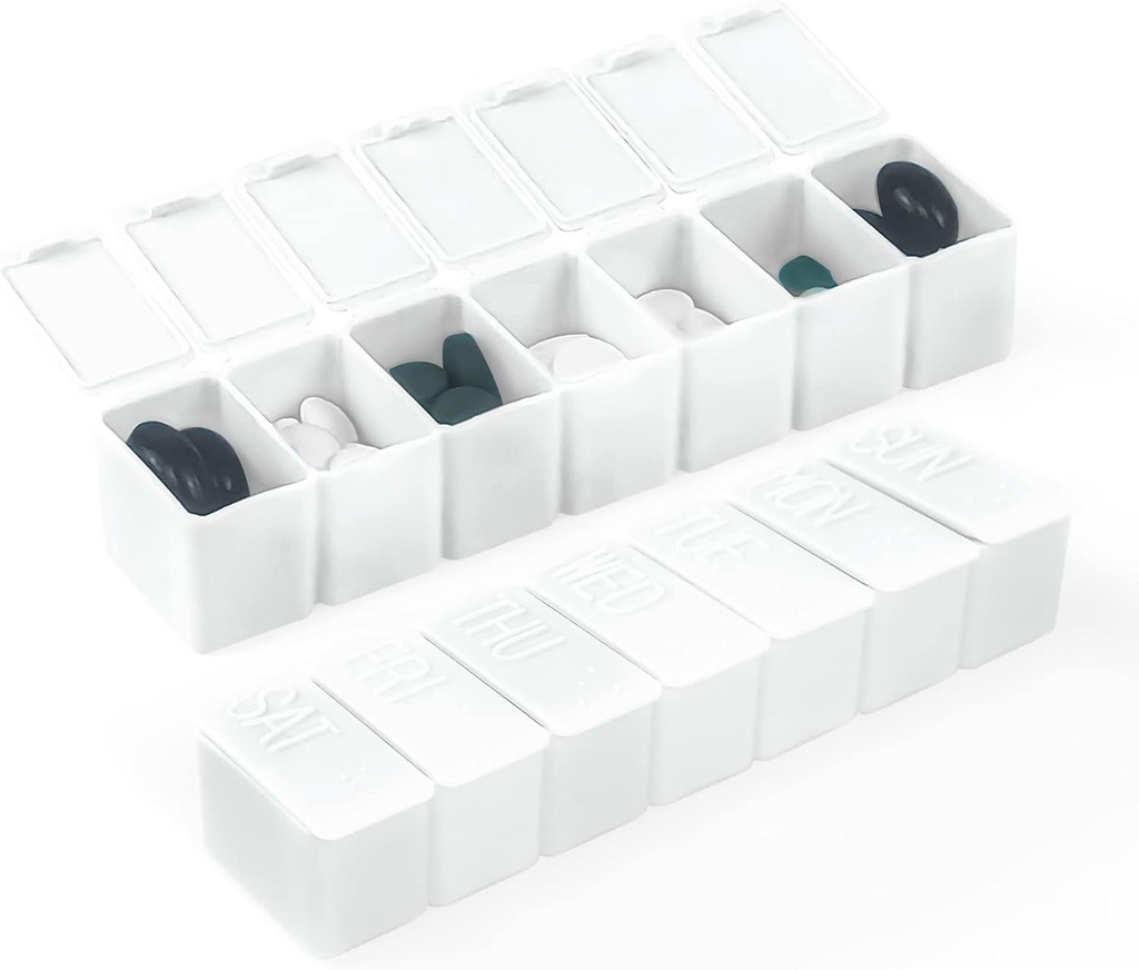 Organizador semanal de pequeñas píldoras, caso de 7 días de píldoras, caja de medicina diaria de casos de vitaminas, contenedores para medicamentos suplementos aceite de pescado(2Pcs,White)