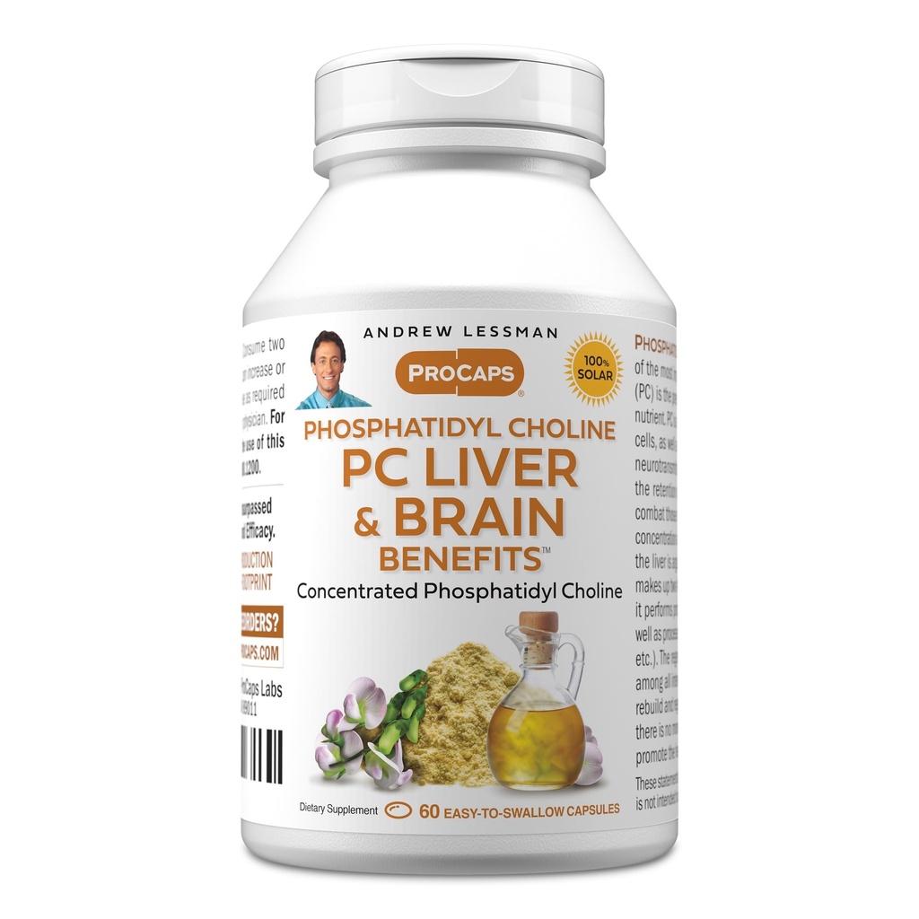 ANDREW LESSMAN PC Liver and Brain Benefits 60 Softgels - Phosphatidyl Choline, el bloque de construcción más importante para el hígado saludable y la estructura cerebral, función. Sin aditivos. Easy to Swallow Softgels