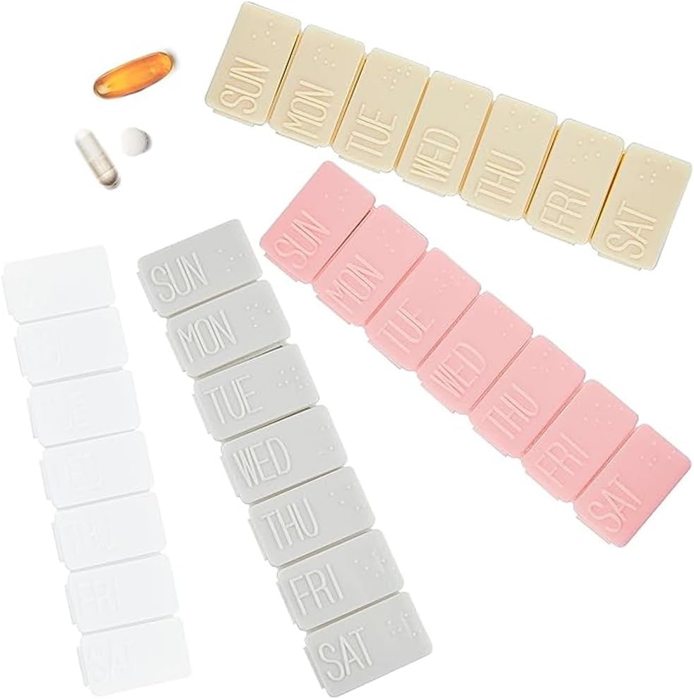 4Pack Organizador semanal de píldoras,Pequeño 7 días Casos de píldoras Viajar Caja de píldoras diarias para aceite de pescado, tabletas de calcio Suplementos y otras píldoras de vitamina