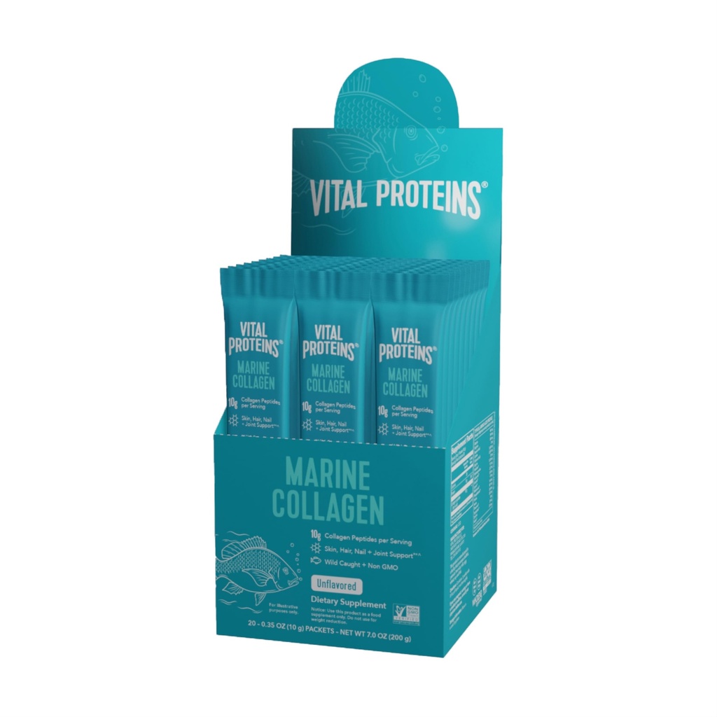 Proteínas vitales Collagen marino, Wild-Caught, Non-GMO Project Verified, Unflavored Stick Packs (10g) (Box of 20)