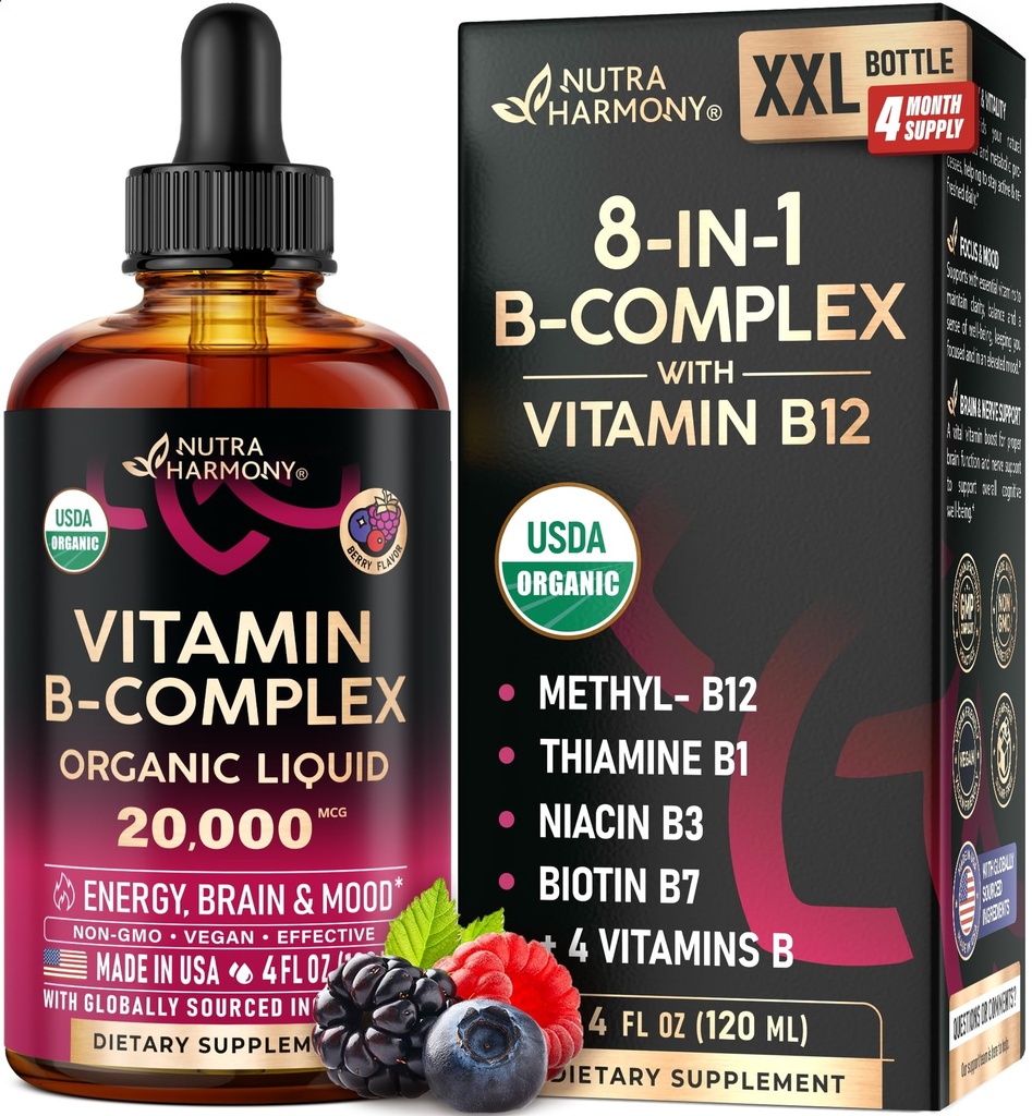 USDA Organic Vitamin B-Complex B5 Pantothenic Acid TEN B12 Methylcobalamin TEN B1 Thiamine TEN B6 Pyridoxine TEN B7 Biotin TEN B9 Folic TEN B3 Niacinamide - B Complex Liquid Drops, Made in USA Supplement, 4fl oz
