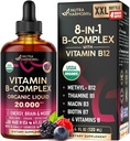USDA Organic Vitamin B-Complex B5 Pantothenic Acid TEN B12 Methylcobalamin TEN B1 Thiamine TEN B6 Pyridoxine TEN B7 Biotin TEN B9 Folic TEN B3 Niacinamide - B Complex Liquid Drops, Made in USA Supplement, 4fl oz