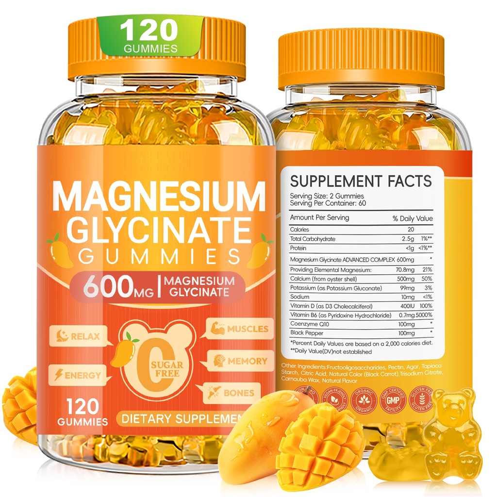 Magnesio Glycinate Gummies 600mg, Azucar Chewable Gummies de Magnesio con Glycinate de Magnesio, Vitamina D, B6 y CoQ10 para el sueño, relajación, cerebro &amp; musculo, 120 Conde