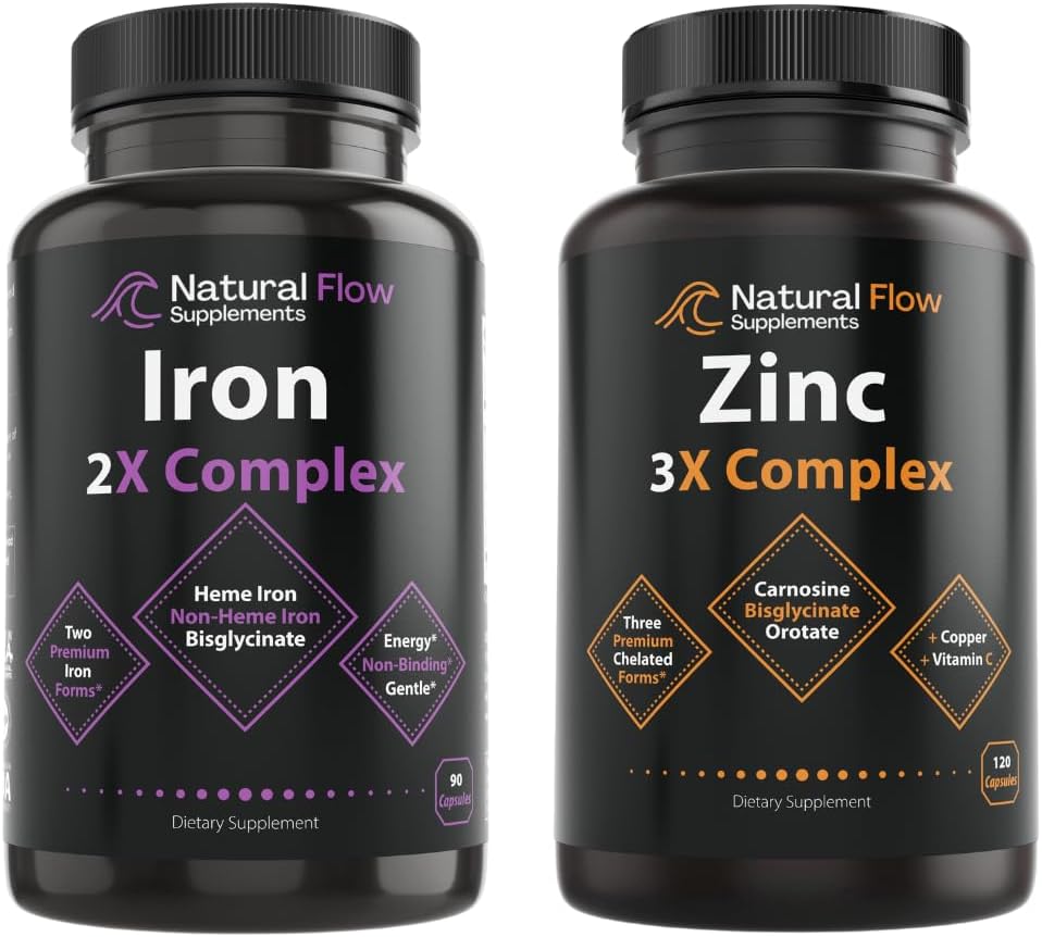 [BRSROAD5DEHBG2TX] Complejo de suplemento de zinc con cobre y vitamina C - Flujo natural 3X Zinc Carnosina e Hierro Suplemento 2-en-1 Complejo completo - Flujo natural 2X Heme y Chelated Non Heme Iron Bisglycinate