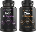 Complejo de suplemento de zinc con cobre y vitamina C - Flujo natural 3X Zinc Carnosina e Hierro Suplemento 2-en-1 Complejo completo - Flujo natural 2X Heme y Chelated Non Heme Iron Bisglycinate