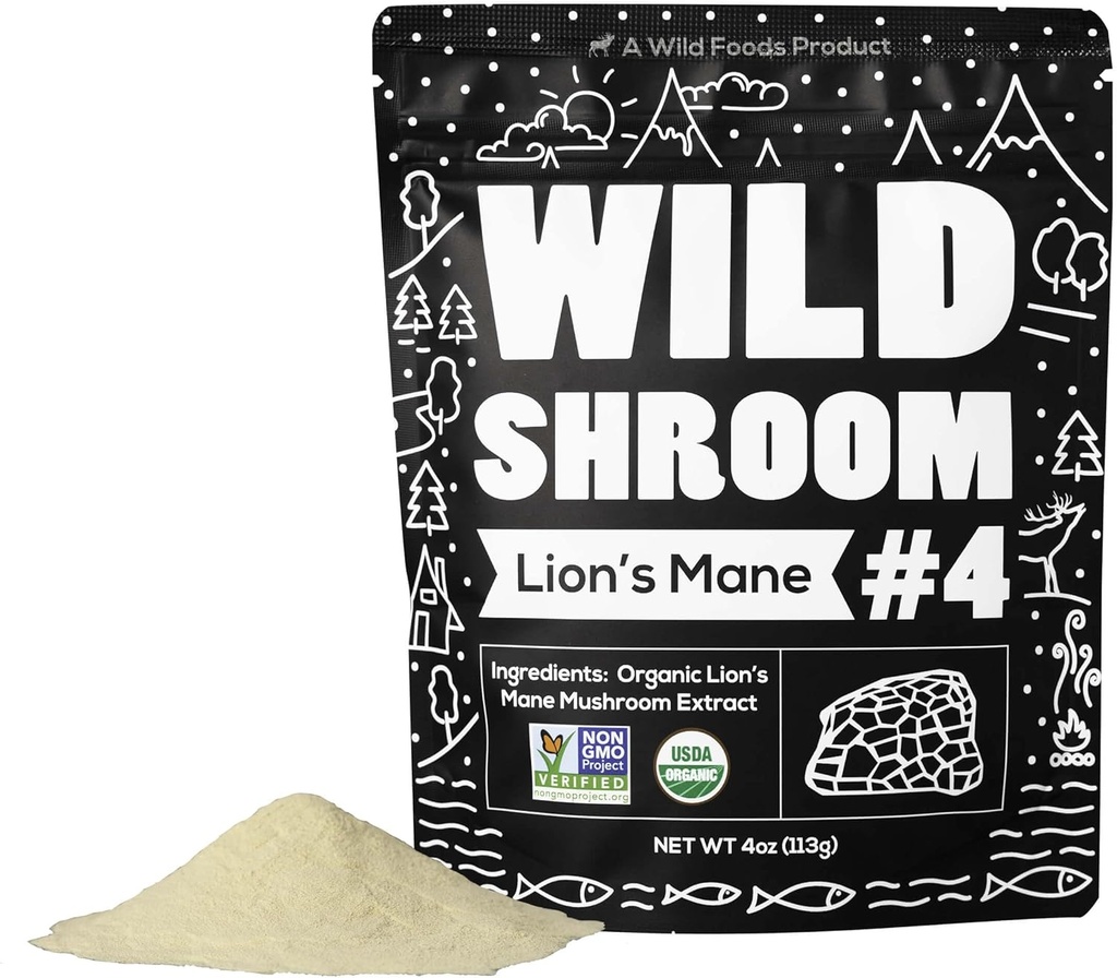 Wild Foods Lions Mane Powder Mushrooms Extracto 10:1 ← Orgánica Mushroom Powder ← Herb Nootropic Adaptogenic para la salud del cerebro, la memoria y el foco(4 Ounce)