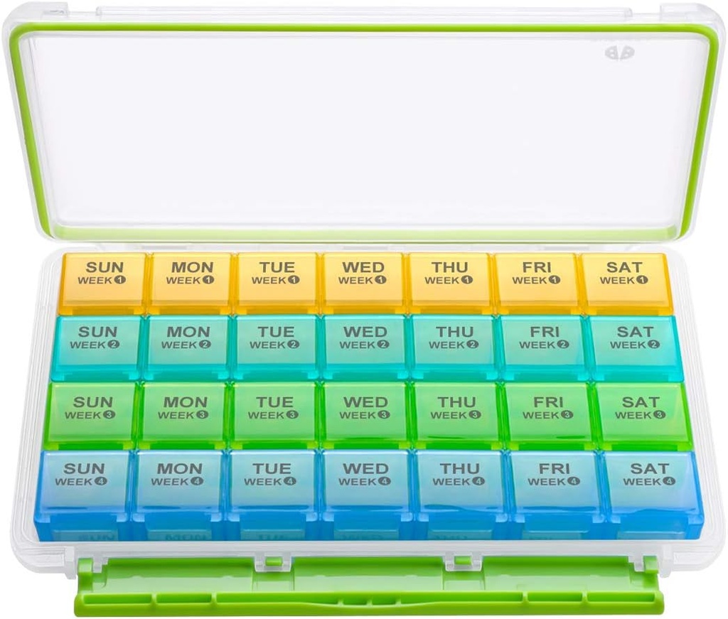 BUG HULL Organizador Mensual de Pill, Moisture-Proof Grande 28 Días Pill Box con Removible 4 Semanas Pill Case Rows, Organizador de Píldoras de Medicina, Organizador de Píldoras de Viajes con Contenedor de Píldora de Vitamina