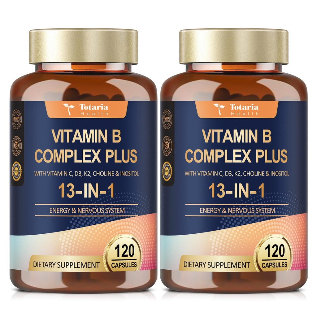 Complejo de vitamina B 13 en-1 con vitamina B1, B2, B3 (Niacina), B4, B5, B6, B7 (Biotina), B8 (Inositol), B9 (Folate), B12, C, D3, K2 para energía, Nerve, Immune, Skin - 120 caps por botella - 2 botellas