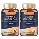 Complejo de vitamina B 13 en-1 con vitamina B1, B2, B3 (Niacina), B4, B5, B6, B7 (Biotina), B8 (Inositol), B9 (Folate), B12, C, D3, K2 para energía, Nerve, Immune, Skin - 120 caps por botella - 2 botellas