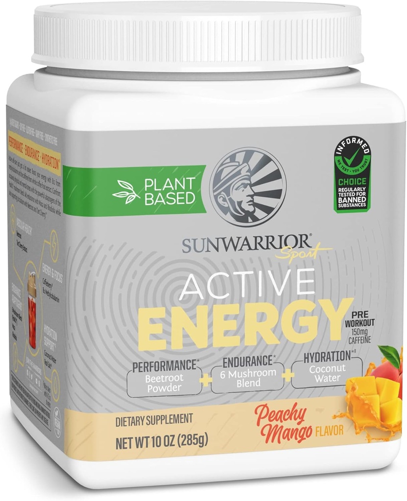 Sunwarrior Planta-Based Preworkout Powder Hydration Blend ← Coconut Water Mushroom Blend Soy Free Sugar Free Gluten Free Dairy Free Synthetic Free ← Peach Mango 30 Servings