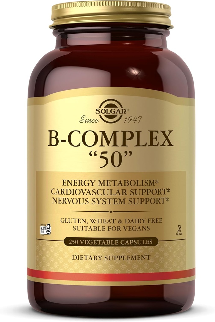 Solgar B-Complex “50”, 250 cápsulas vegetales - Metabolismo energético, soporte cardiovascular, soporte del sistema nervioso - No GMO, Vegan, Gluten Gratis, Dairy Free, Kosher - 250