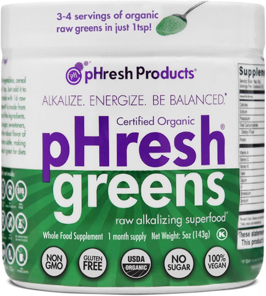 p Hresh Greens Raw Alkalizing Superfood Greens Powder - 1 Mes de Suministro TEN Gluten-Free TEN Natural Enzymes ANTE Raw Nutrients ← Aprobado para el ayuno intermitente y las dietas Keto TEN 5 onzas