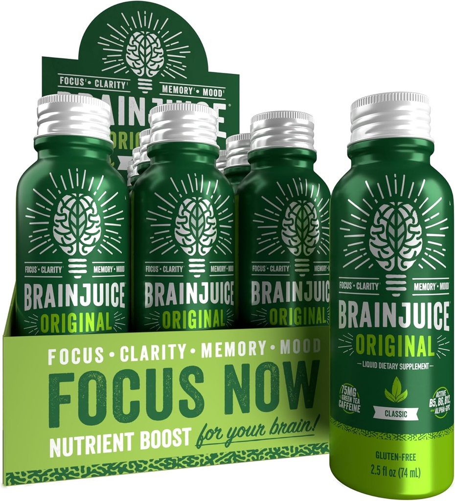 BrainJuice Focus " Energy Drink Shots, Nootropics with Alpha GPC, B Vitamins " Organic Green Tea Caffeine, Supports Focus, Memory " Clarity, Non-GMO, Gluten Free, Classic, 2.5 fl oz, 12 Pack