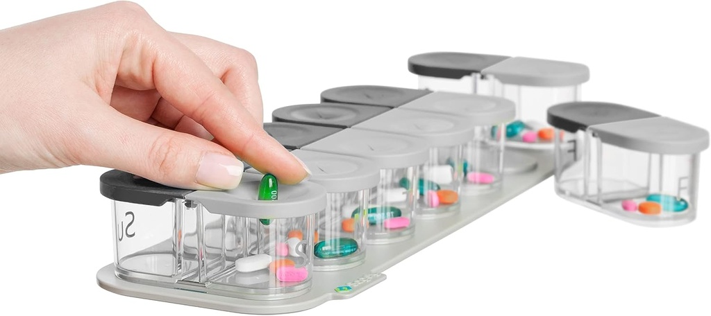 Sagely Smart XL Weekly Pill Sorter ← Fácil de usar Organizador de Píldora Semanal Extremada Silencio 12" x 4" x 2" Silencio Portable AM/PM 2 Times a Day Weekly Magnetic Pill Organizer (White/Gray)