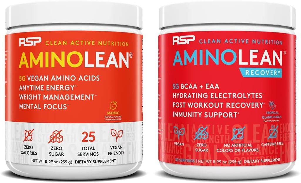 RSP NUTRITION Vegan AminoLean Pre Workout Energy (Mango 25 Servings) con AminoLean Recovery Post Workout Boost (Tropical Island Punch 30 Servimientos)