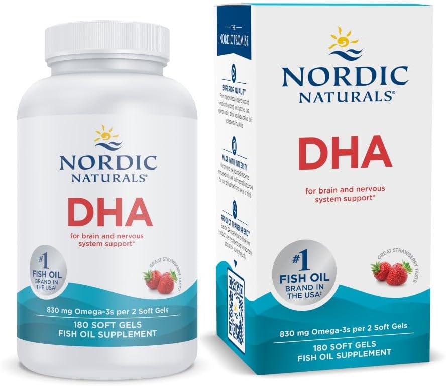 [BRSWIYAKCIOGC3DM] Naturales nórdicos DHA, Fresa - 180 Gels blandos - 830 mg Omega-3 - Alta intensidad DHA Fórmula para el soporte del sistema nervioso y cerebral - No GMO - 90 Servimientos