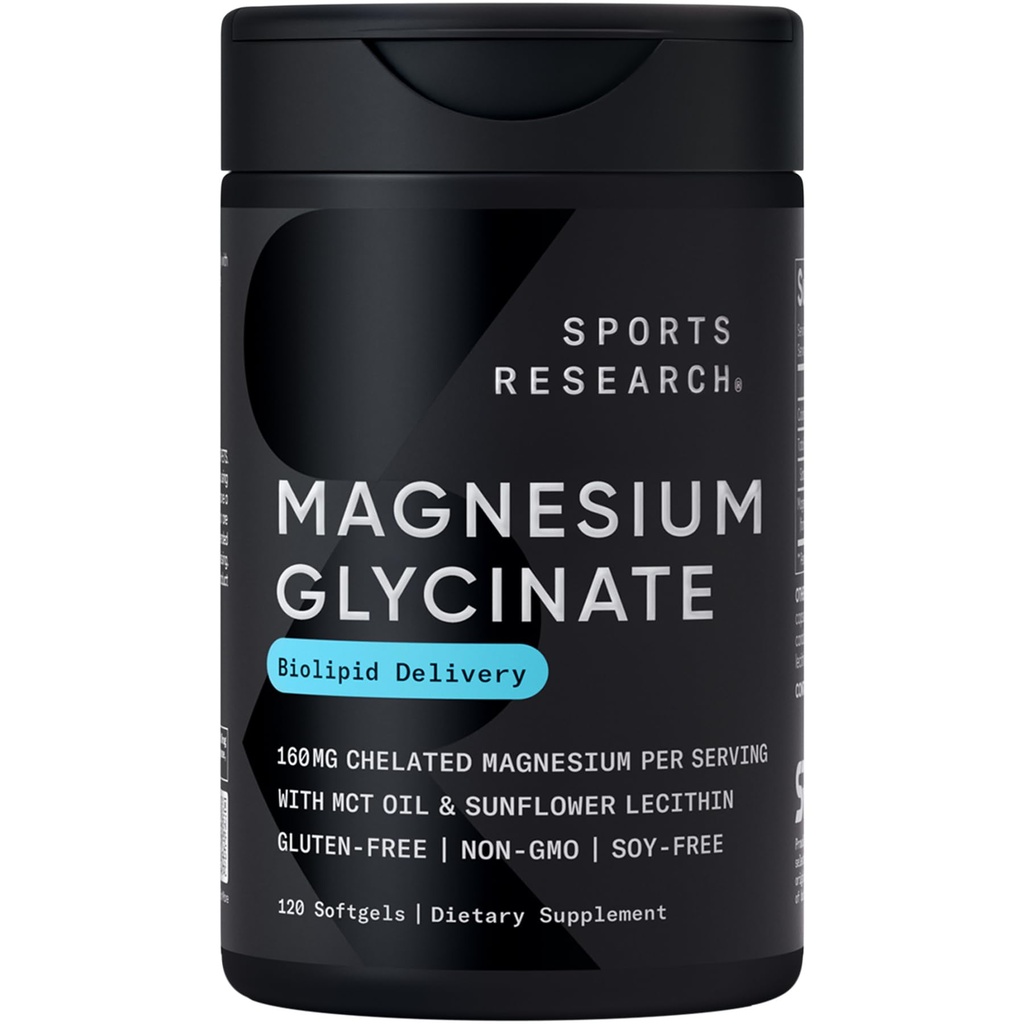 Sports Research® Magnesium Glycinate - Suports Restful Sleep & Enzymatic Processes - 160 mg Chelated Magnesium - Liquid Softgel - 120 Conde