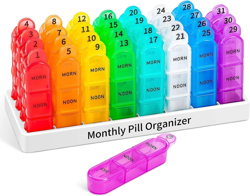 Organizador de píldoras mensuales Daviky 3 veces al día, organizador de píldoras de 30 días con caja pequeña, organizador de medicamentos de un mes, contenedor de píldoras de 31 días para mantener vitamina, suplemento y medicamentos