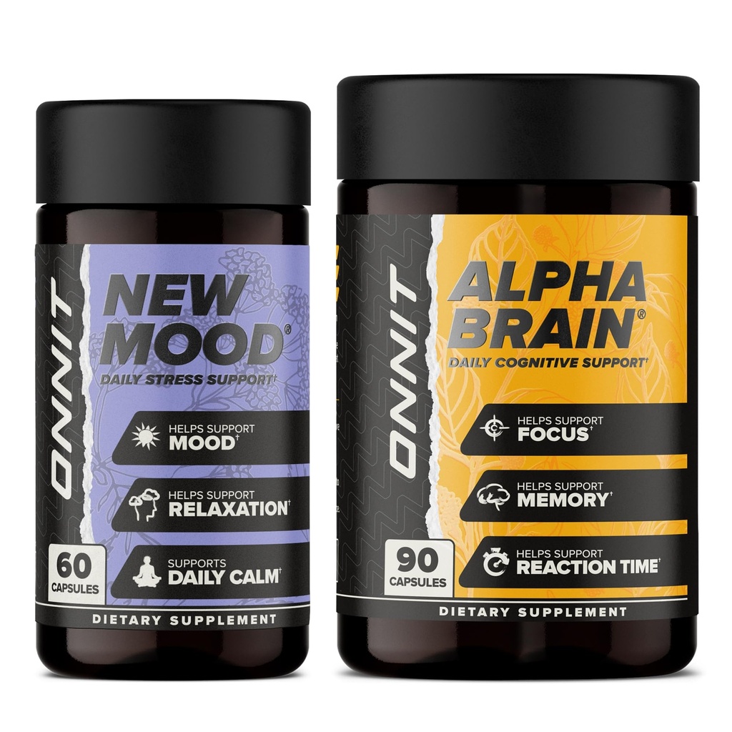 ONNIT Premium Alpha Brain Bundle - Suplemento Nootropic Brain (90 Cuenta) para Focus, Concentration &amp; Memory + Nuevo Mood Suplemento para el alivio de estrés, sueño y mood (60 Conde)