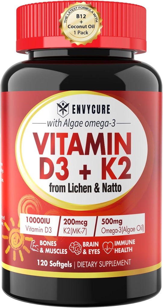 Vitamina de base vegetal D3 K2 Suplemento Softgel - Vit D3 10000 Iu + Vitamina K2 Mk7 200 Mcg, Algae Omega-3, Magnesio, Vitamina B12 para el hueso &amp; musculo, Immune Support, Max Absorption, Easy To Swallow 1pack