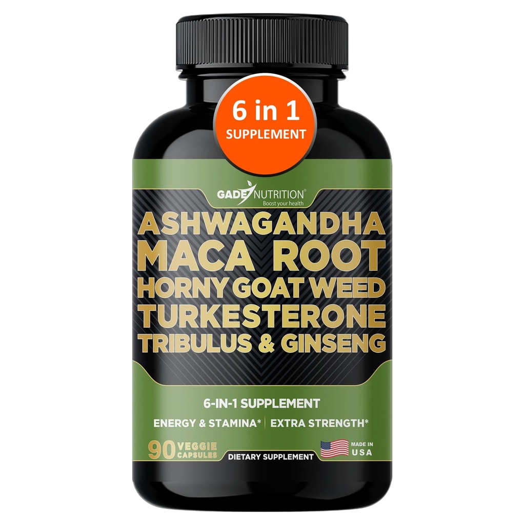 Gade Nutrition Ashwagandha with Maca Root, Horny Goat Weed, Turkesterone Supplement, Tribulus Terrestris, Panax Ginseng ANTE 90 Vegetable Capsules for Energy, Stamina, Performance. Silencio Made in USA